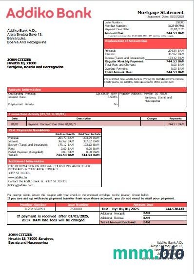 Bośnia i Hercegowina Bank Addiko wyciąg z kredytu hipotecznego szablon Word i PDF